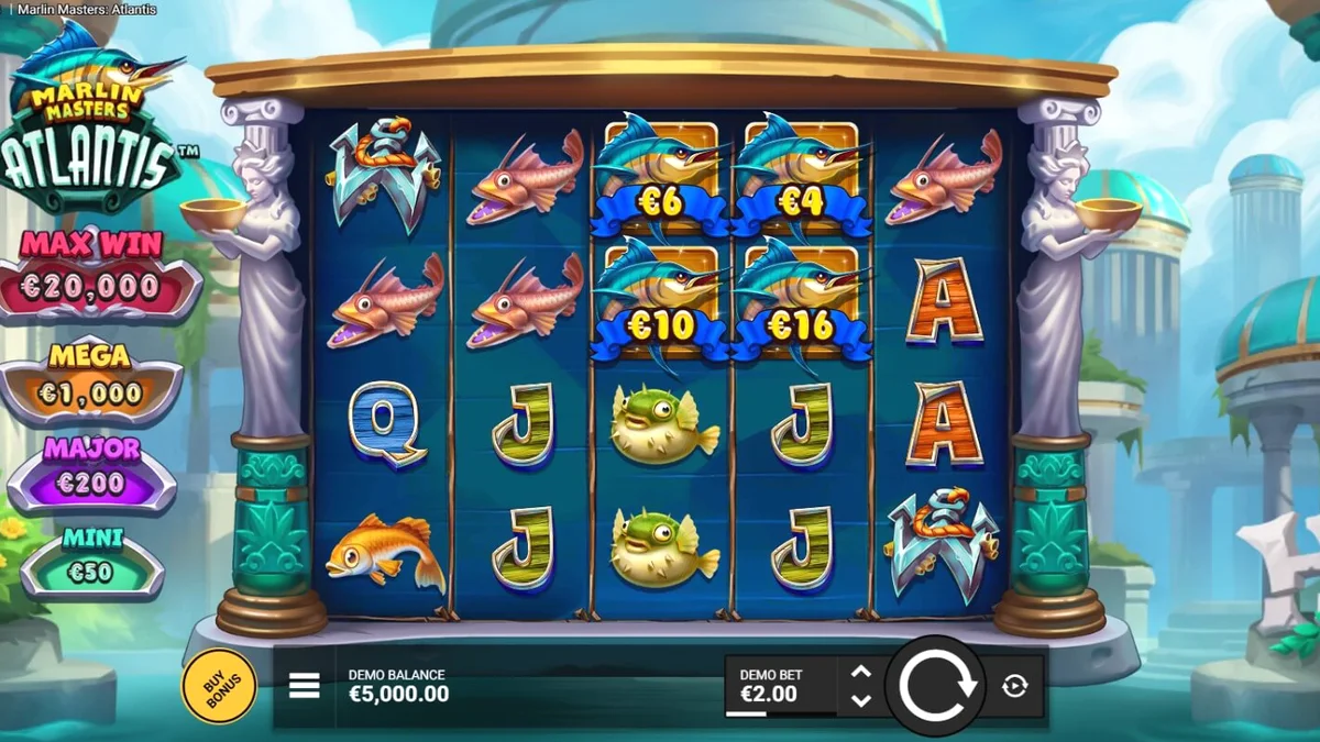 Marlin Masters Atlantis slot gameplay showing the trident-wielding fisherman and sunken city architecture.